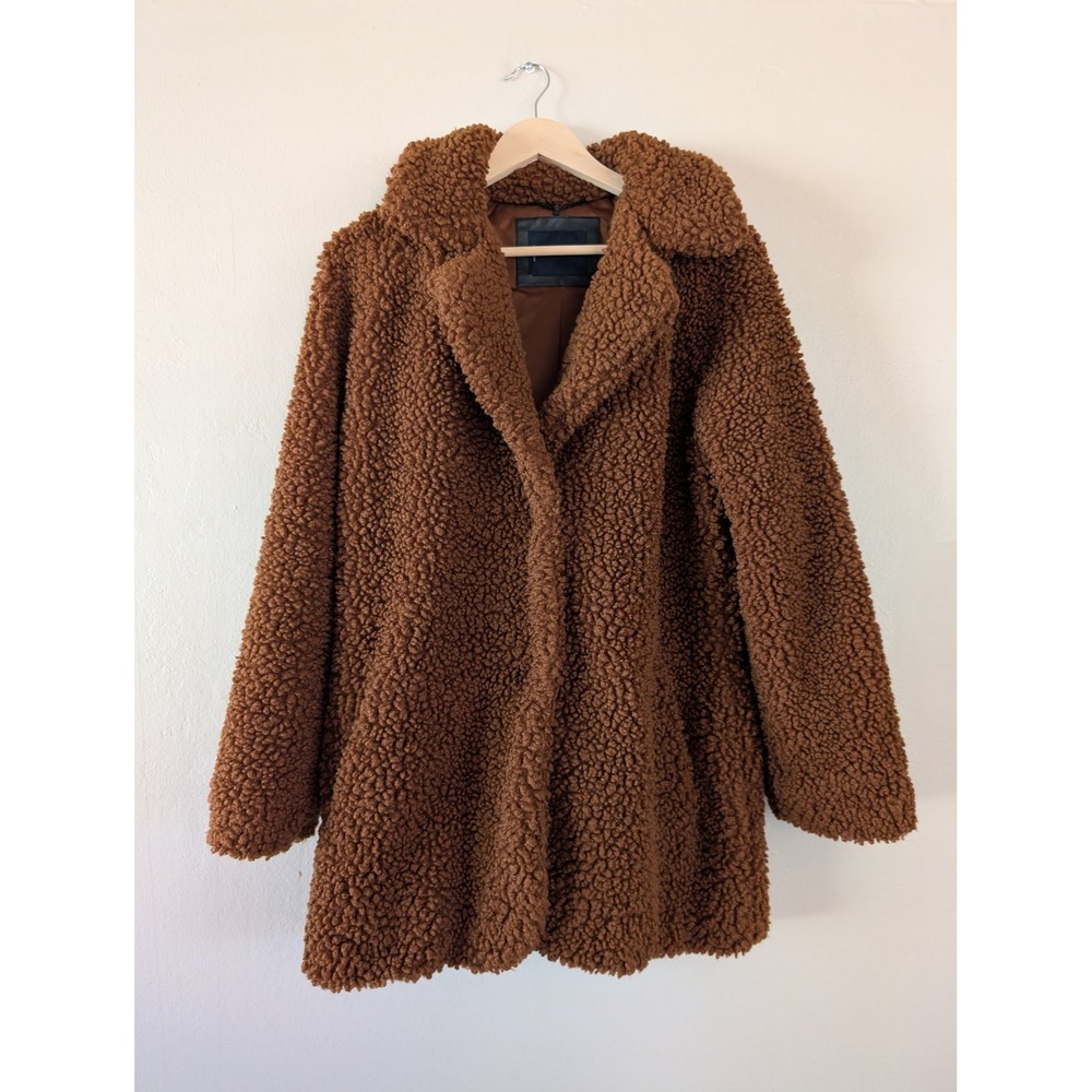 Lucky Brand Womens Cognac Brown Faux Fur Teddy Sherpa Coat Jacket L Glam Winter
